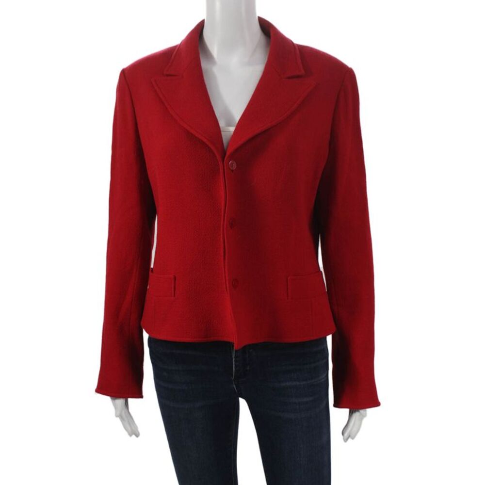 Rickie Freeman Teri Jon Women Red Wool Blazer Buttoned Long Sleeve Size 12